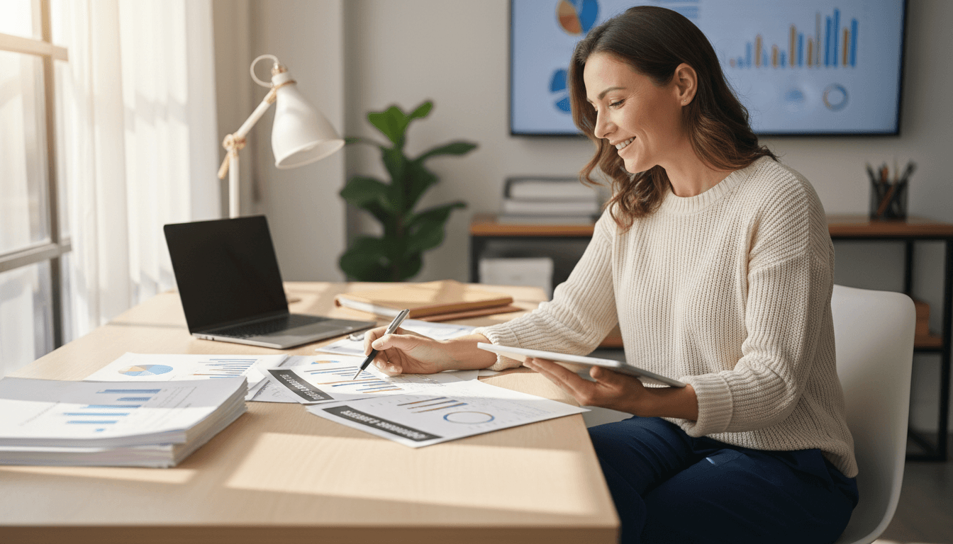 A bright, energetic lifestyle aesthetic medium shot of a professional in business casual attire sitting at a desk reviewing financial documents with a satisfied expression.