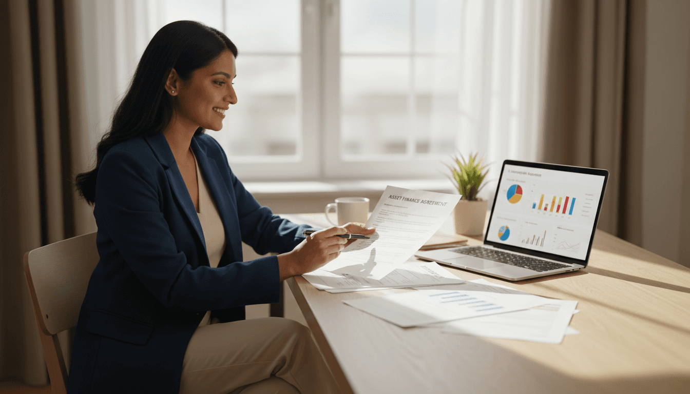Professional woman reviewing asset finance documents at her desk
