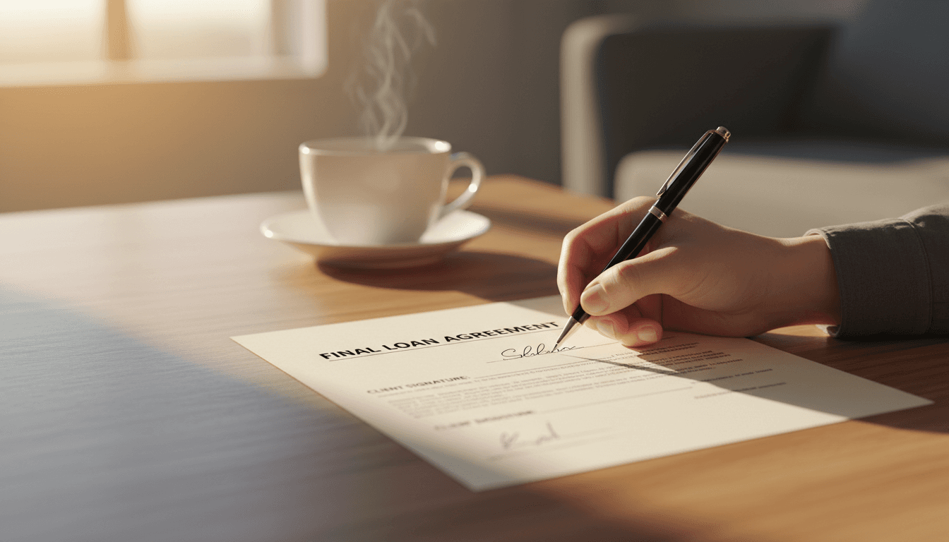Client signing loan agreement document