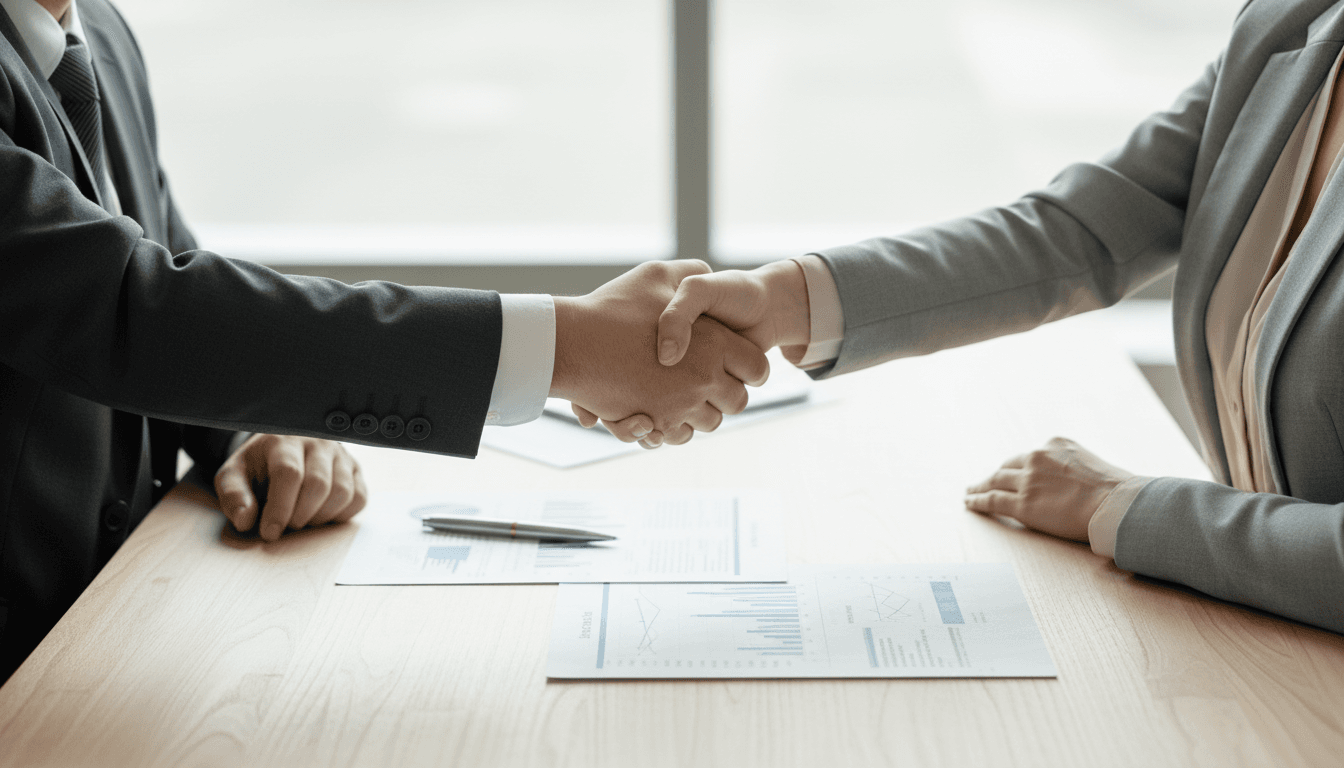 Two people shaking hands over signed agreement