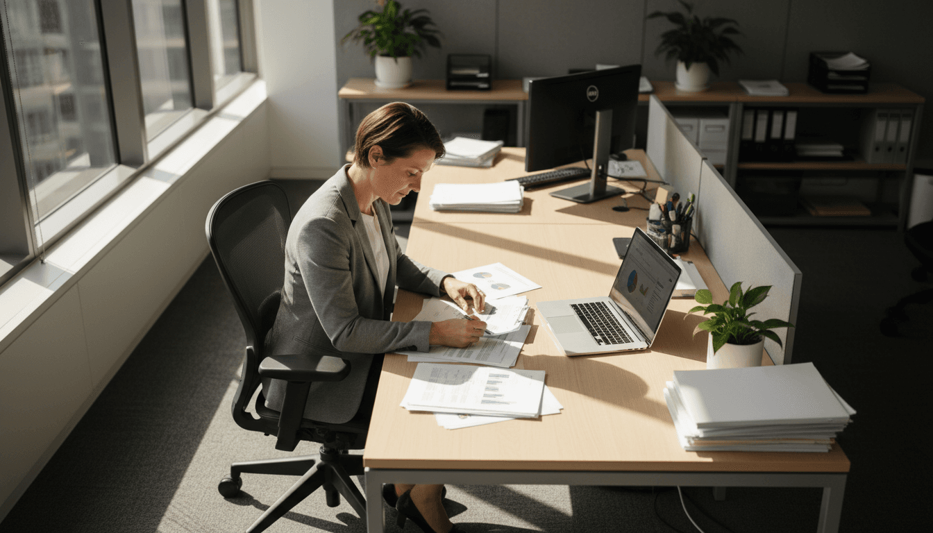 Professional reviewing finance documents at desk